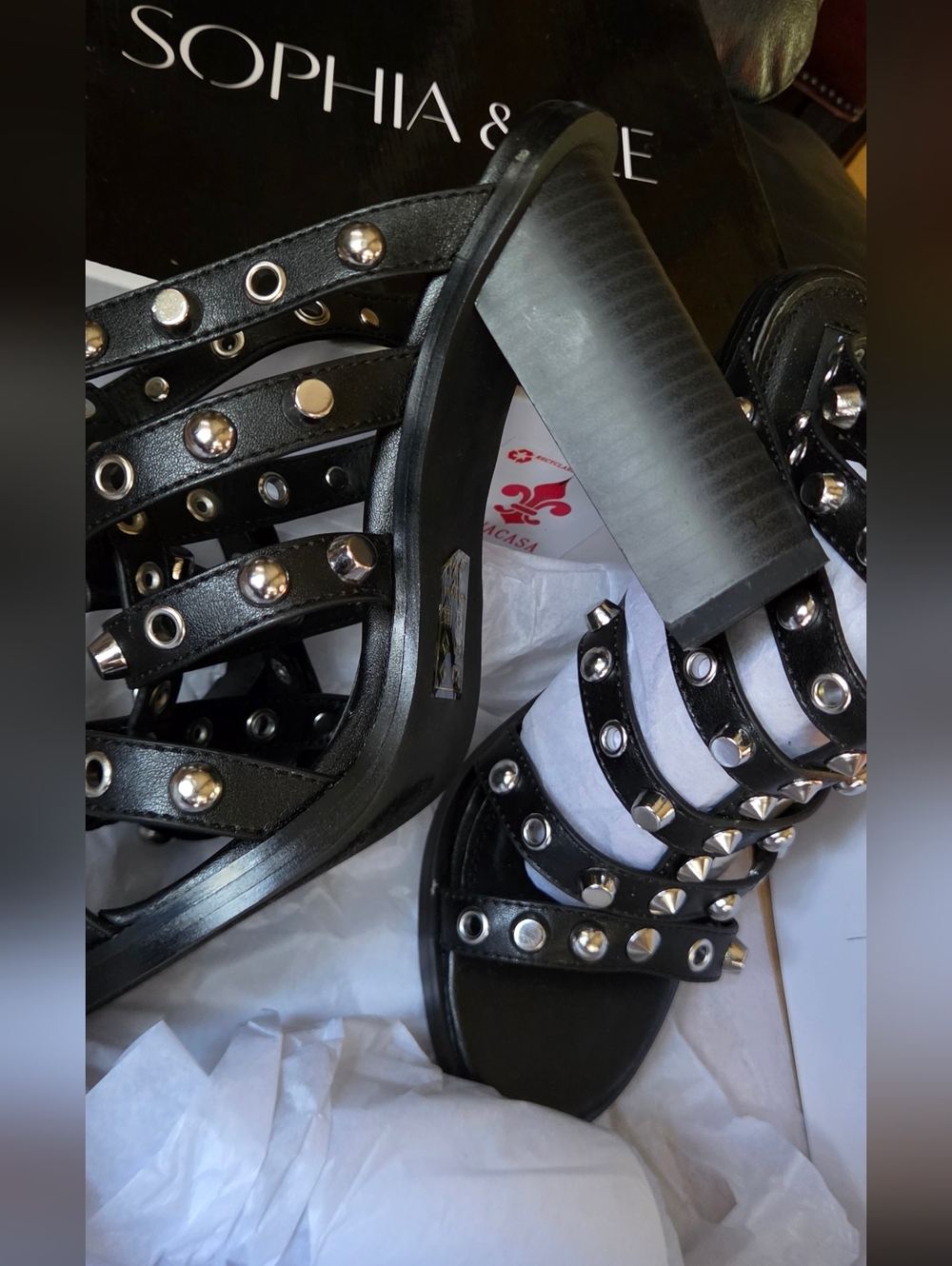 Sophia & Lee Black Studded Gladiator Heels Sz7.5 - Picture 6 of 7
